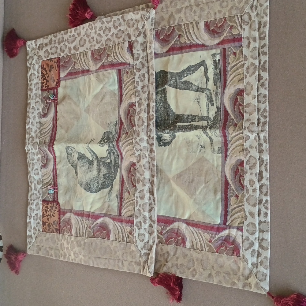 PILLOW SHAMS SET OF TWO WITH MONKEYS AND TASSELS BURGUNDY TAN LEOPARD PRINT